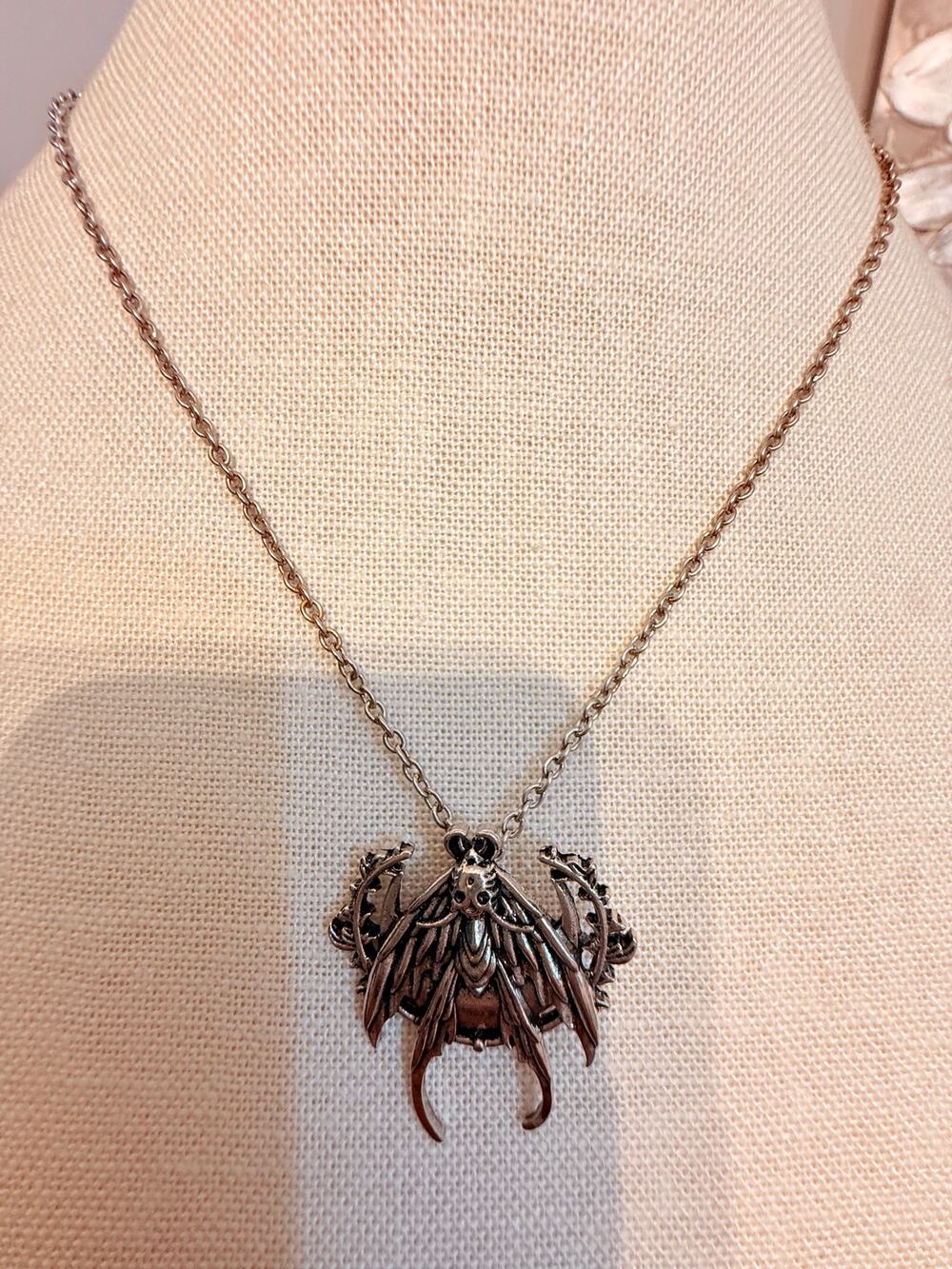 Vintage Death Moth Pendant Necklace 18” Silver Tone